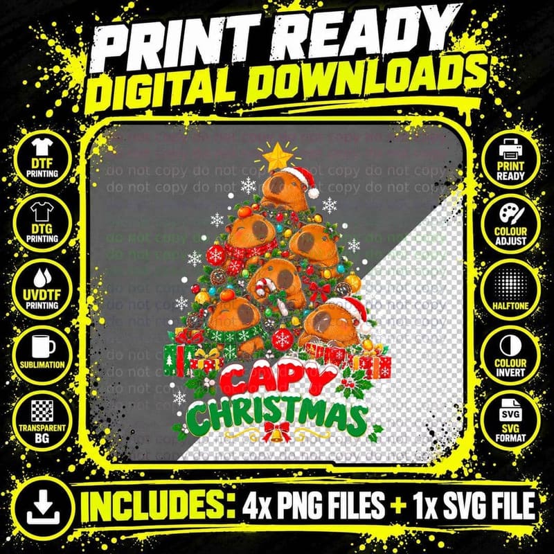 Capy Christmas Capybara Tree Santa Hat Funny Festive Pun Png SVG Digital Bundle