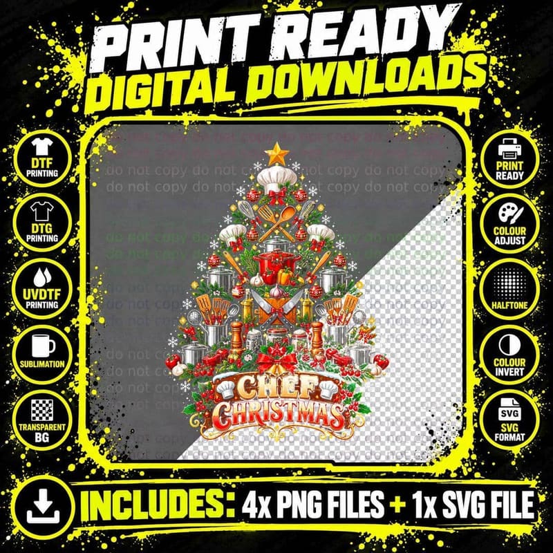 Chef Christmas Tree Made Of Pots Pans Utensils Cooking Png SVG Digital Bundle