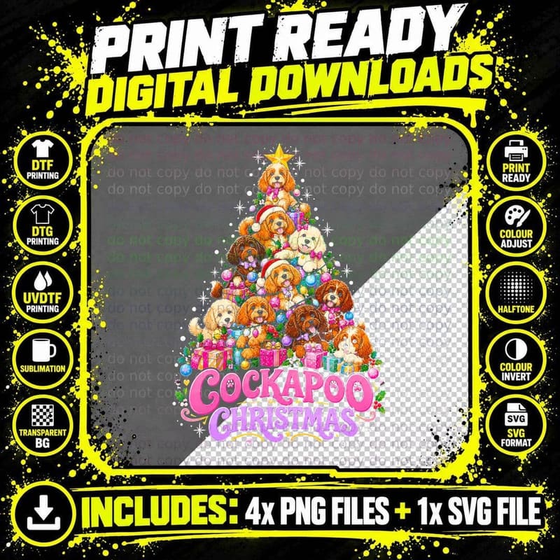 Cockapoo Christmas Tree Made Of Curly Puppies Dog Lover Png SVG Digital Bundle