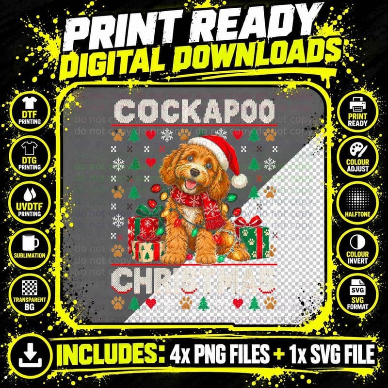 Cockapoo Christmas Ugly Sweater Puppy Fairy Lights Png SVG Digital Bundle