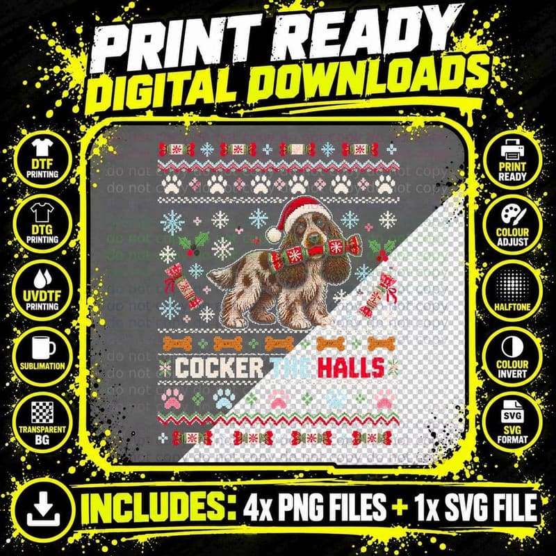 Cocker The Halls Roan Spaniel Christmas Cracker Ugly Png SVG Digital Bundle