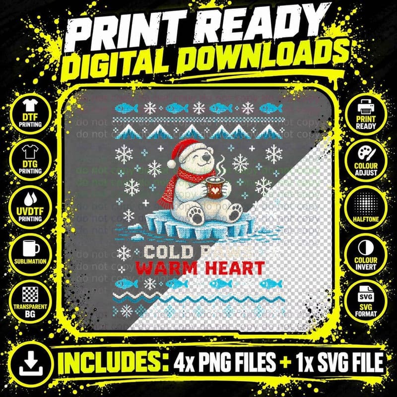 Cold Paws Warm Heart Polar Bear Cocoa Christmas Ugly Png SVG Digital Bundle