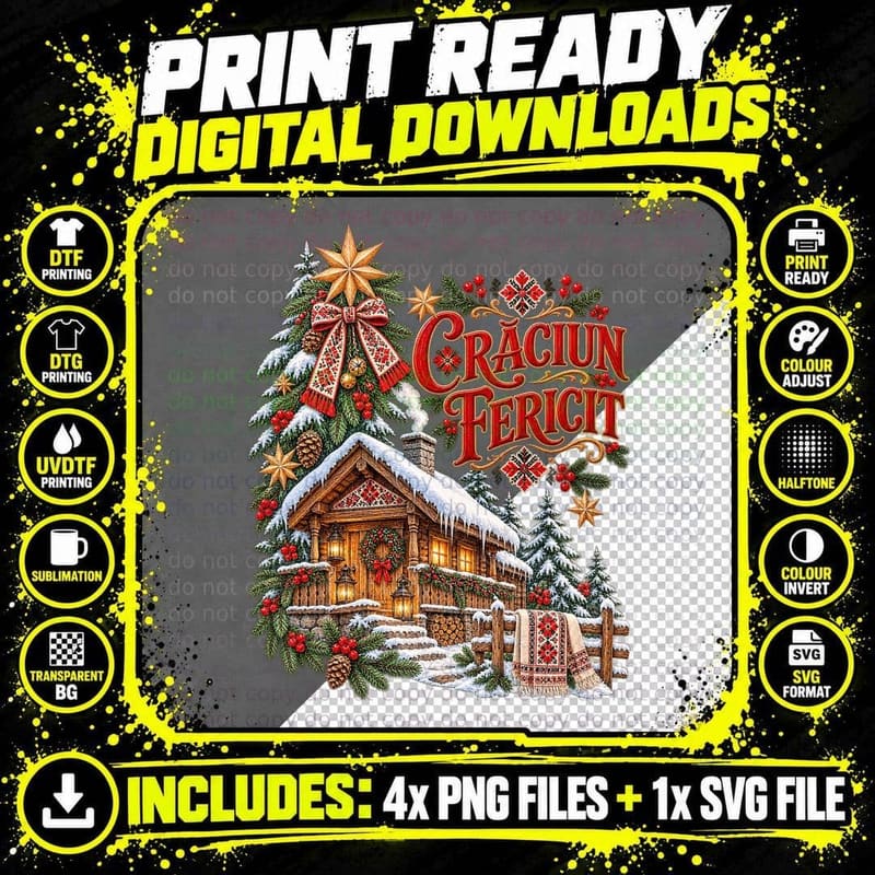 Craciun Fericit Romanian Carpathian Cabin Snowy Png SVG Digital Bundle