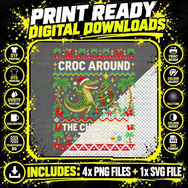 Croc Around the Christmas Tree Crocodile Tropical Ugly Png SVG Digital Bundle