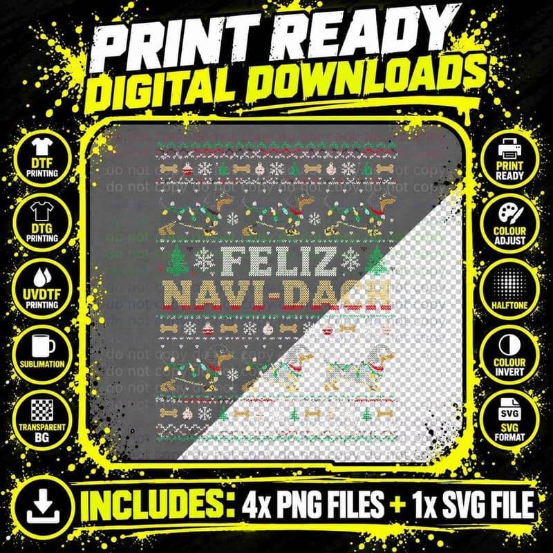 Dachshund Feliz Navi-Dach Christmas Ugly Sweater Sausage Png SVG Digital Bundle