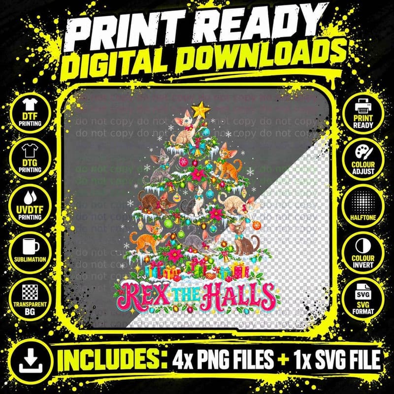 Devon Rex The Halls Cat Christmas Tree Funny Kitten Pun Png SVG Digital Bundle