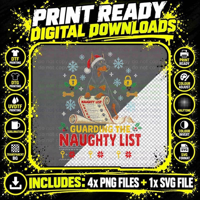Dobermann Guarding The Naughty List Christmas Ugly Png SVG Digital Bundle