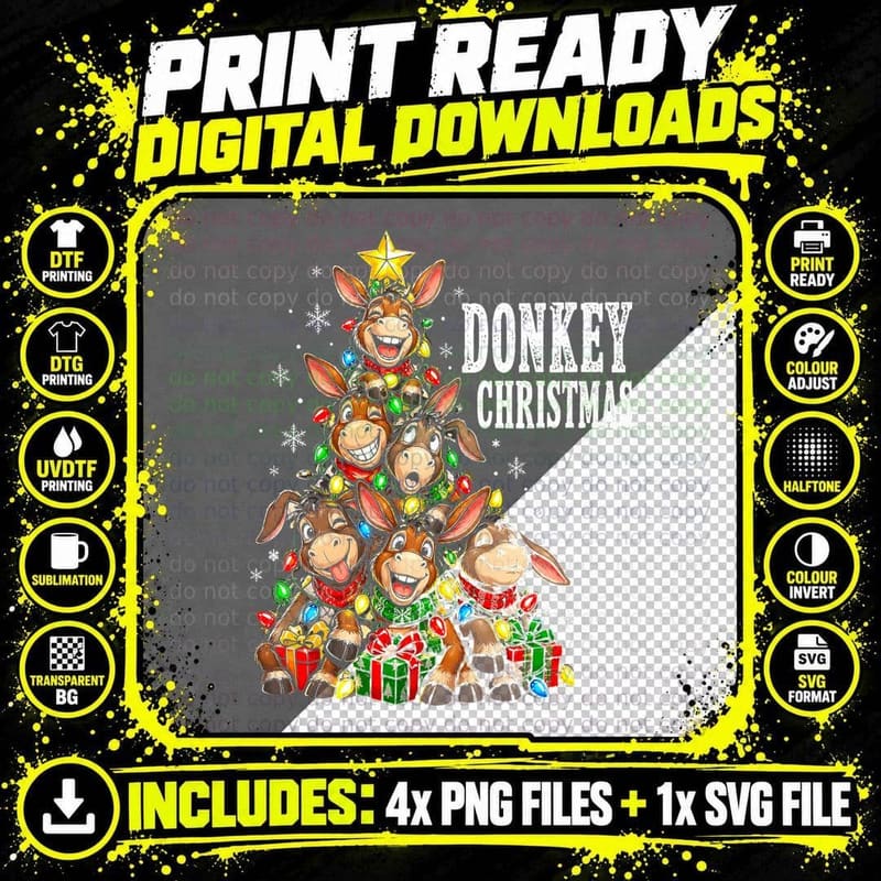 Donkey Christmas Tree Made Of Grinning Farm Animals Png SVG Digital Bundle