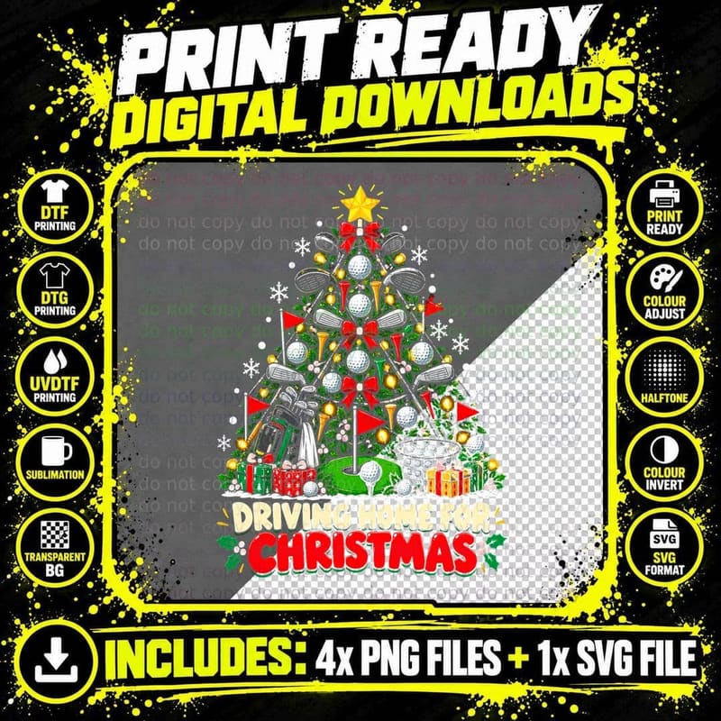 Driving Home For Christmas Golf Tree Of Clubs Balls Png SVG Digital Bundle