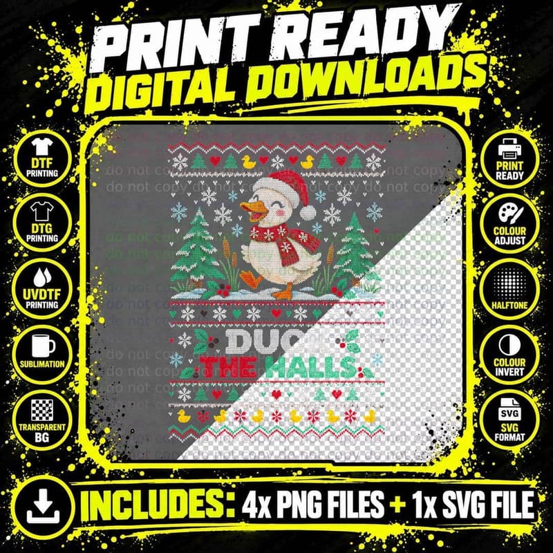 Duck The Halls White Duckling Christmas Ugly Sweater Png SVG Digital Bundle