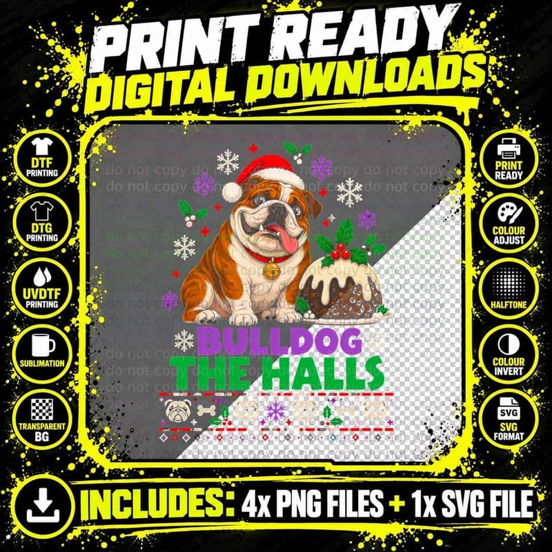 English Bulldog The Halls Christmas Pudding Santa Hat Png SVG Digital Bundle
