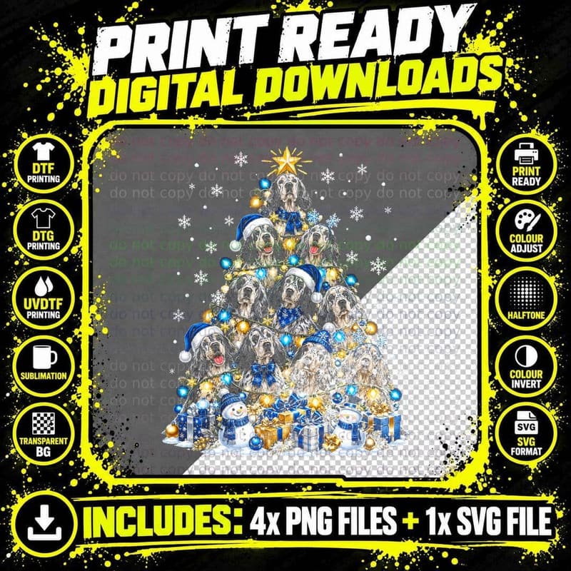 English Setter Christmas Tree Blue Santa Hats Snowman Png SVG Digital Bundle