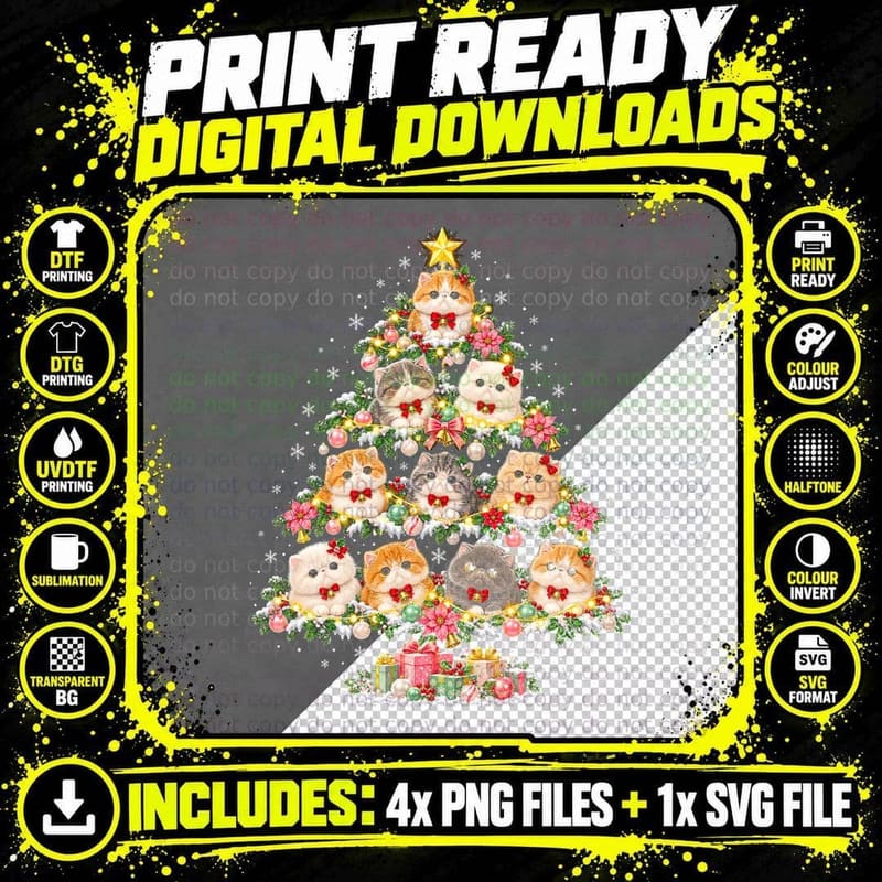 Exotic Shorthair Kittens Christmas Tree Pink Bows Cat Png SVG Digital Bundle
