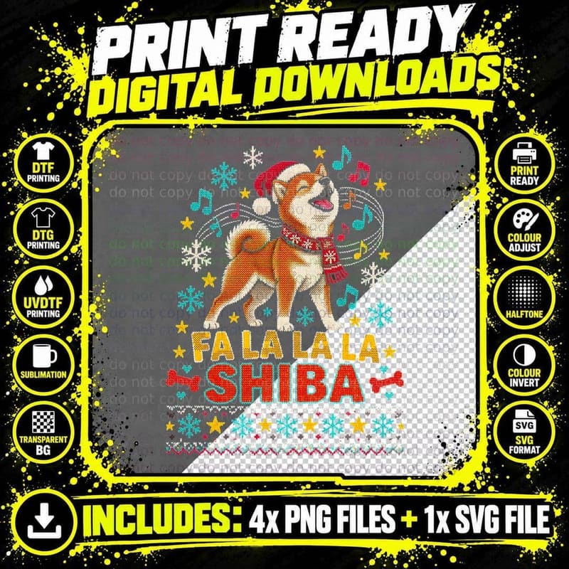 Fa-La-La-La Shiba Inu Singing Christmas Carol Ugly Png SVG Digital Bundle