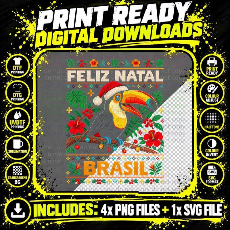 Feliz Natal Brasil Toucan Santa Hat Ugly Christmas Png SVG Digital Bundle