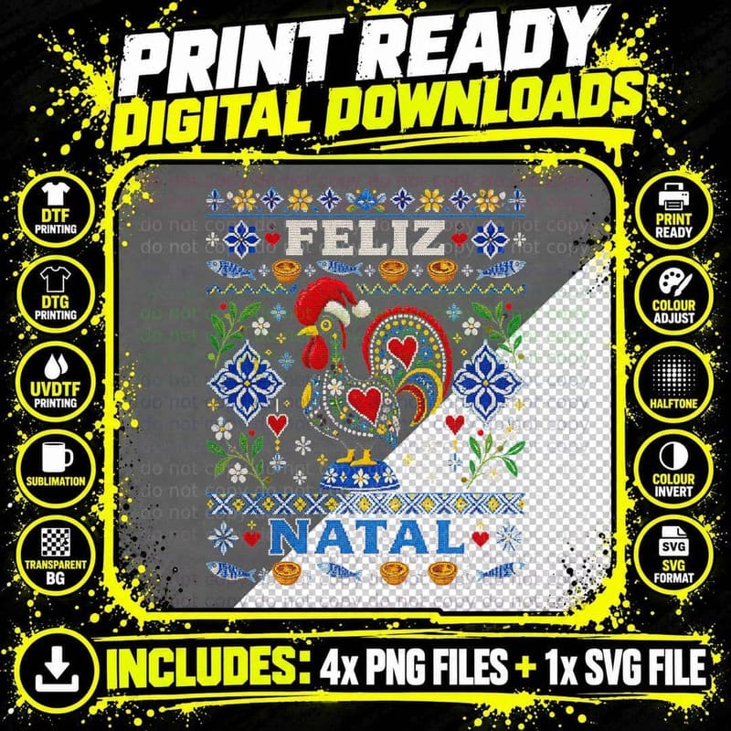 Feliz Natal Portuguese Rooster Azulejo Tiles Ugly Xmas Png SVG Digital Bundle