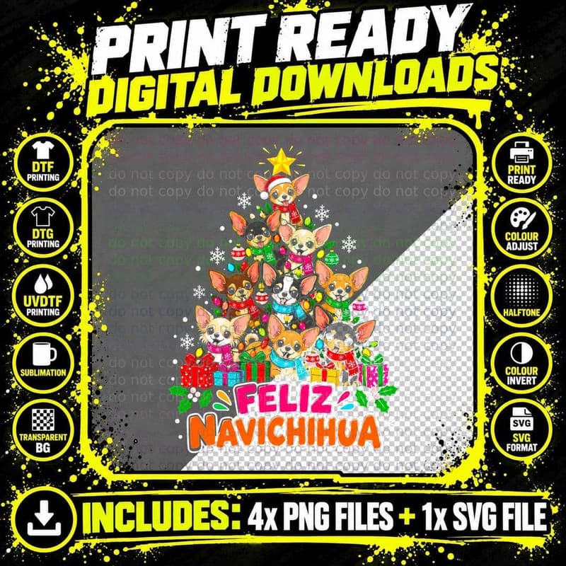 Feliz Navichihua Chihuahua Christmas Tree Funny Dog Png SVG Digital Bundle