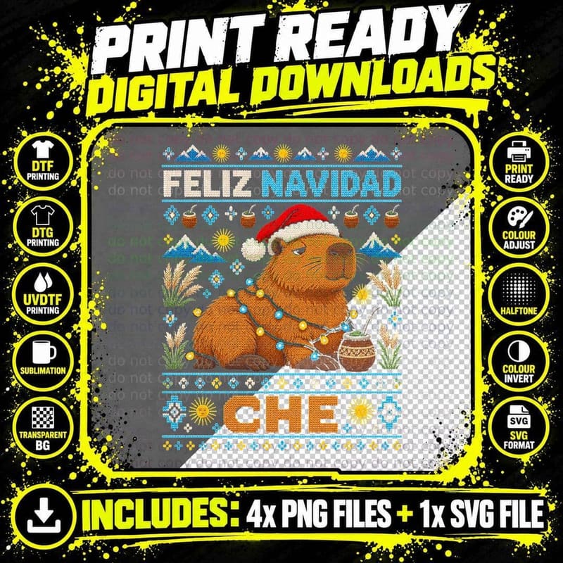 Feliz Navidad Che Argentina Capybara Ugly Christmas Png SVG Digital Bundle