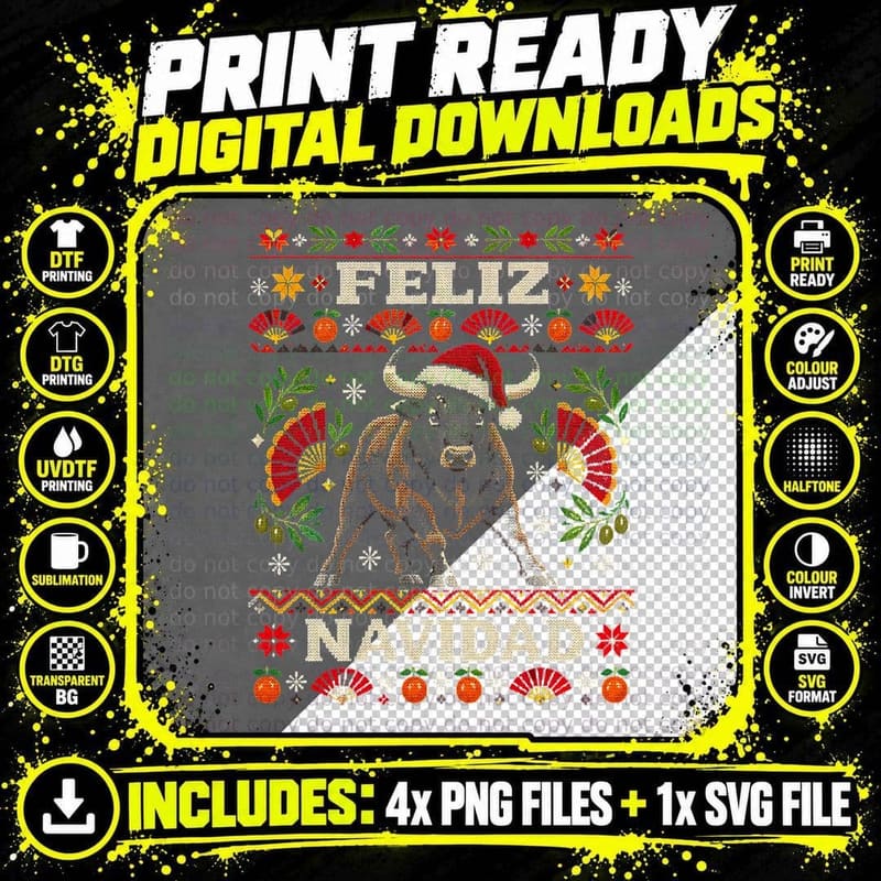 Feliz Navidad Spanish Bull Flamenco Fan Ugly Xmas Png SVG Digital Bundle