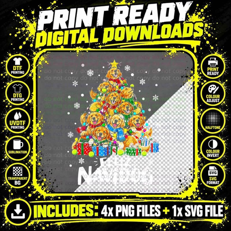 Feliz Navidog Golden Retriever Christmas Tree Of Puppies Png SVG Digital Bundle