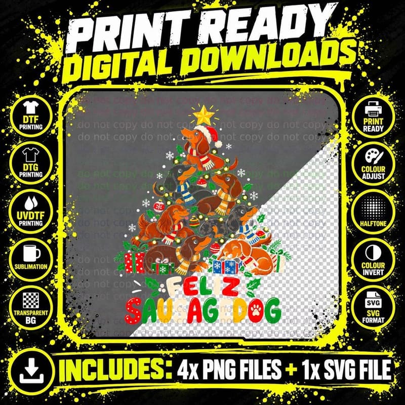 Feliz Sausagedog Christmas Tree Made Of Dachshunds Funny Png SVG Digital Bundle