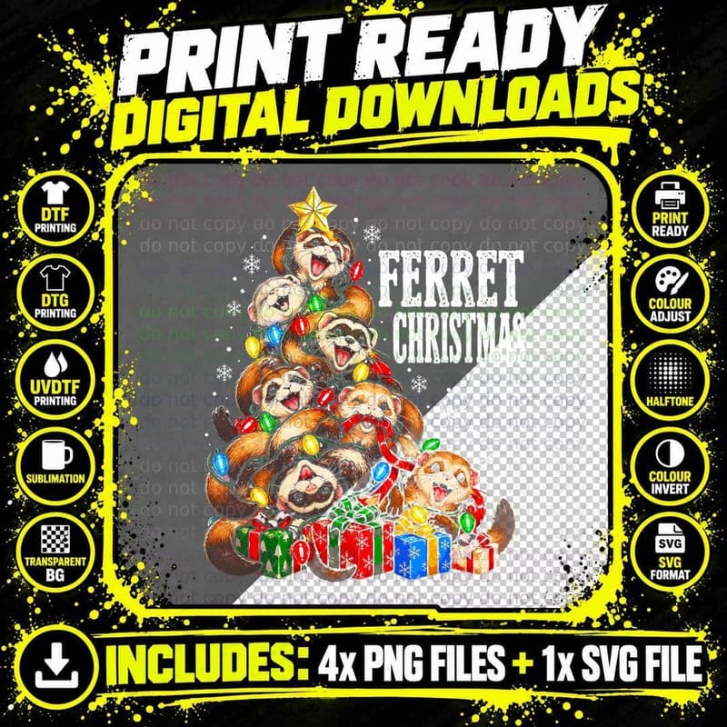 Ferret Christmas Tree Made Of Stacked Fuzzy Pets Funny Png SVG Digital Bundle