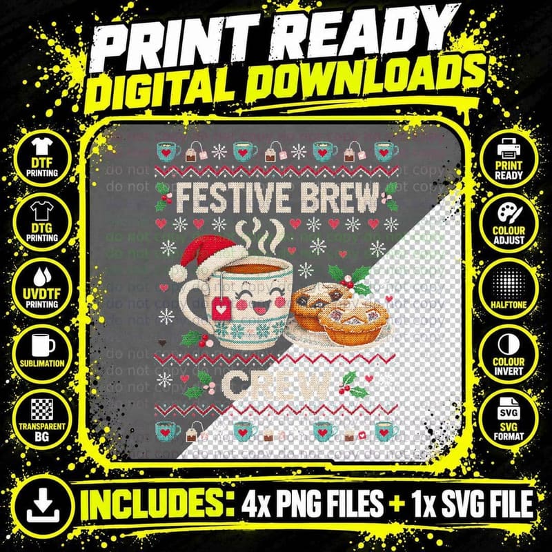 Festive Brew Crew Cup Of Tea Mince Pies Christmas Ugly Png SVG Digital Bundle
