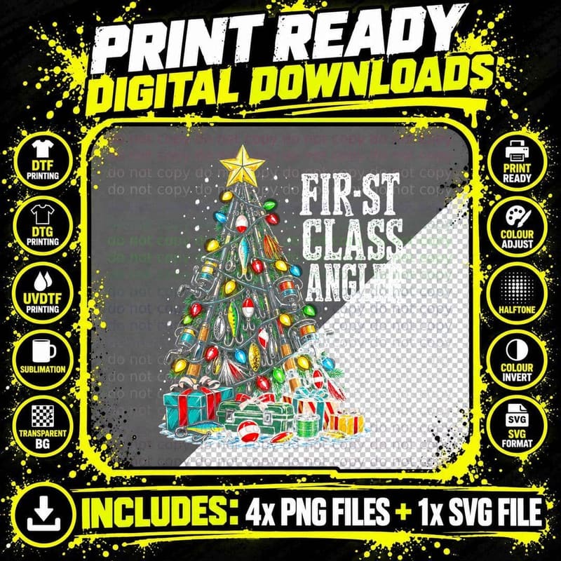 Fir-st Class Angler Fishing Christmas Tree Rods Lures Png SVG Digital Bundle