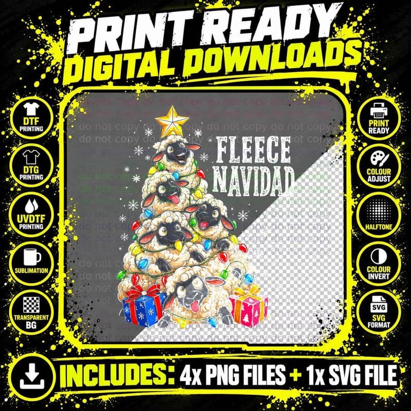 Fleece Navidad Sheep Christmas Tree Funny Pun Farm Png SVG Digital Bundle