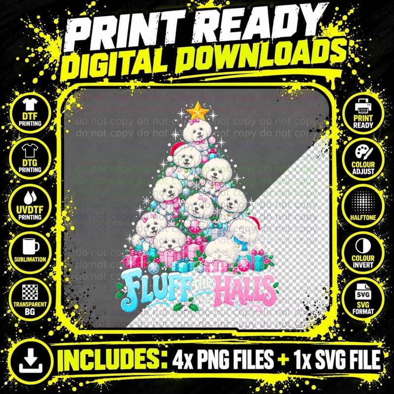 Fluff The Halls Bichon Frise Christmas Tree Pink Fluffy Png SVG Digital Bundle