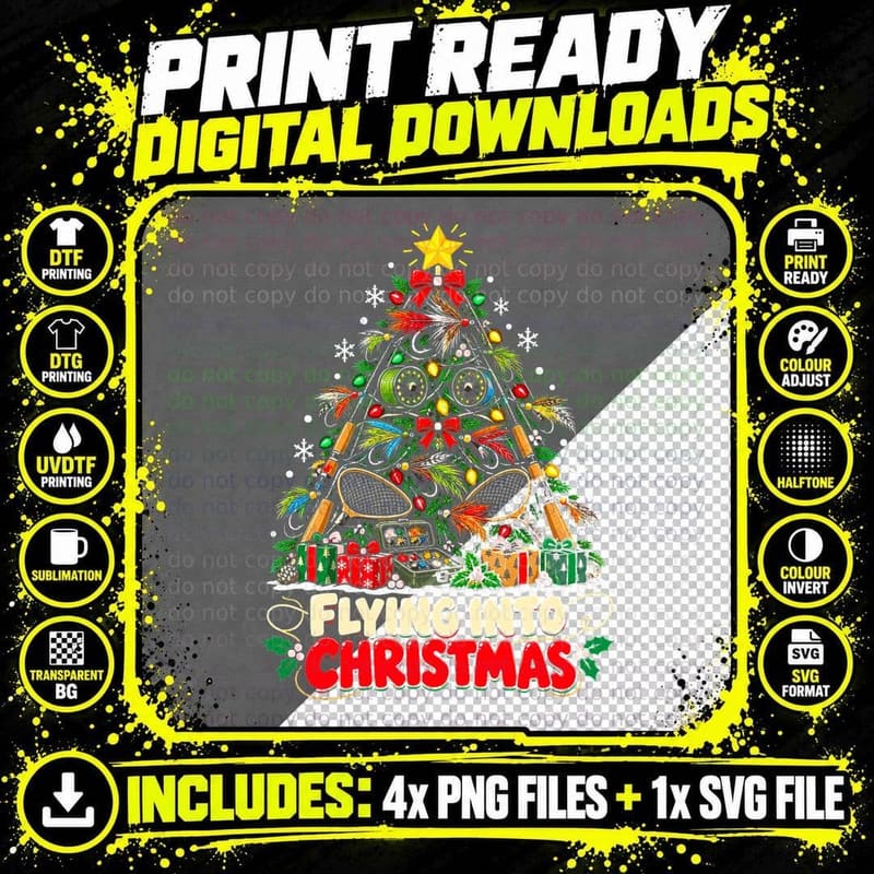 Flying Into Christmas Tree Made Of Fly Fishing Rods Png SVG Digital Bundle
