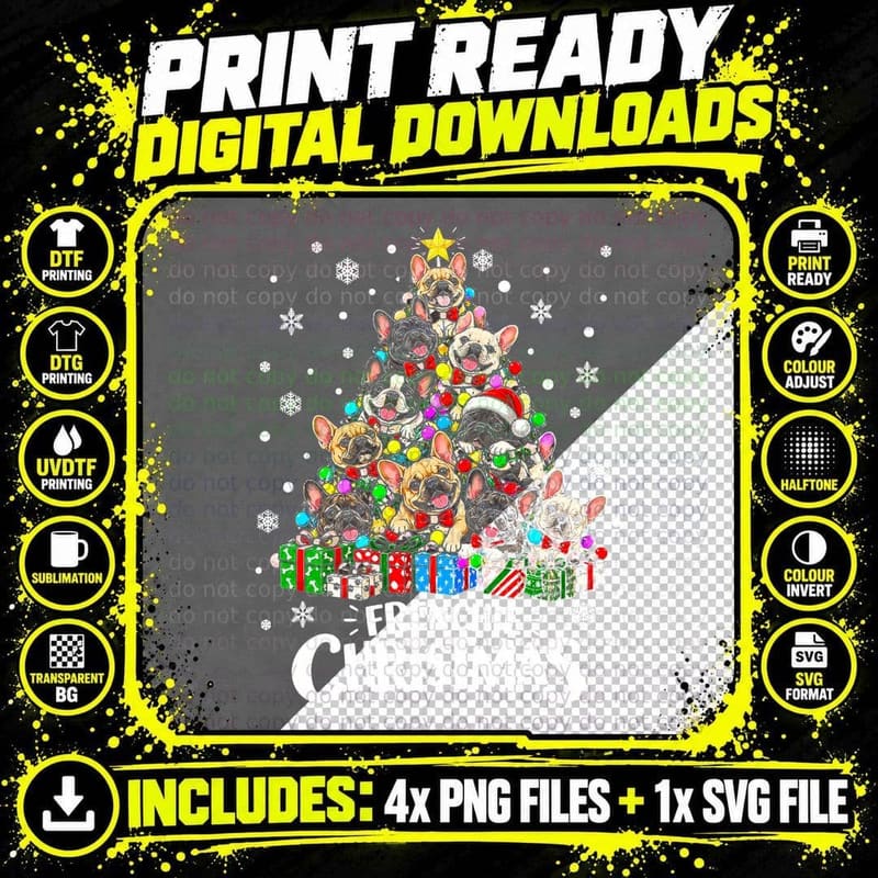 Frenchie Christmas French Bulldog Tree Made Of Puppies Png SVG Digital Bundle