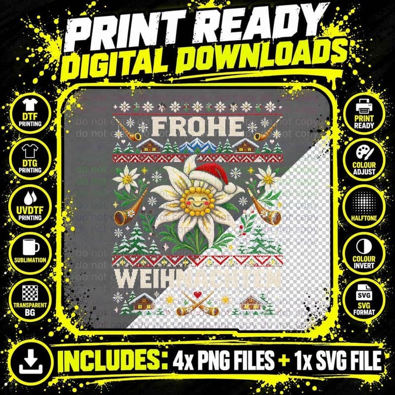 Frohe Weihnachten Austrian Edelweiss Ugly Xmas Sweater Png SVG Digital Bundle