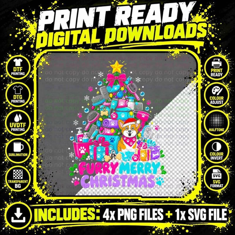 Furry Merry Christmas Tree Made Of Dog Grooming Tools Png SVG Digital Bundle