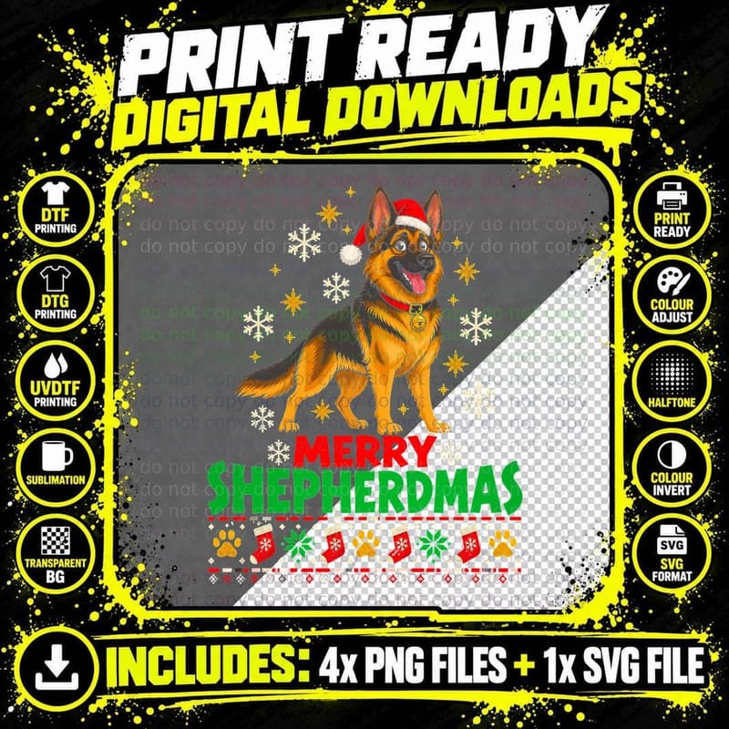 German Shepherd Merry Shepherdmas Alsatian Christmas Dog Png SVG Digital Bundle