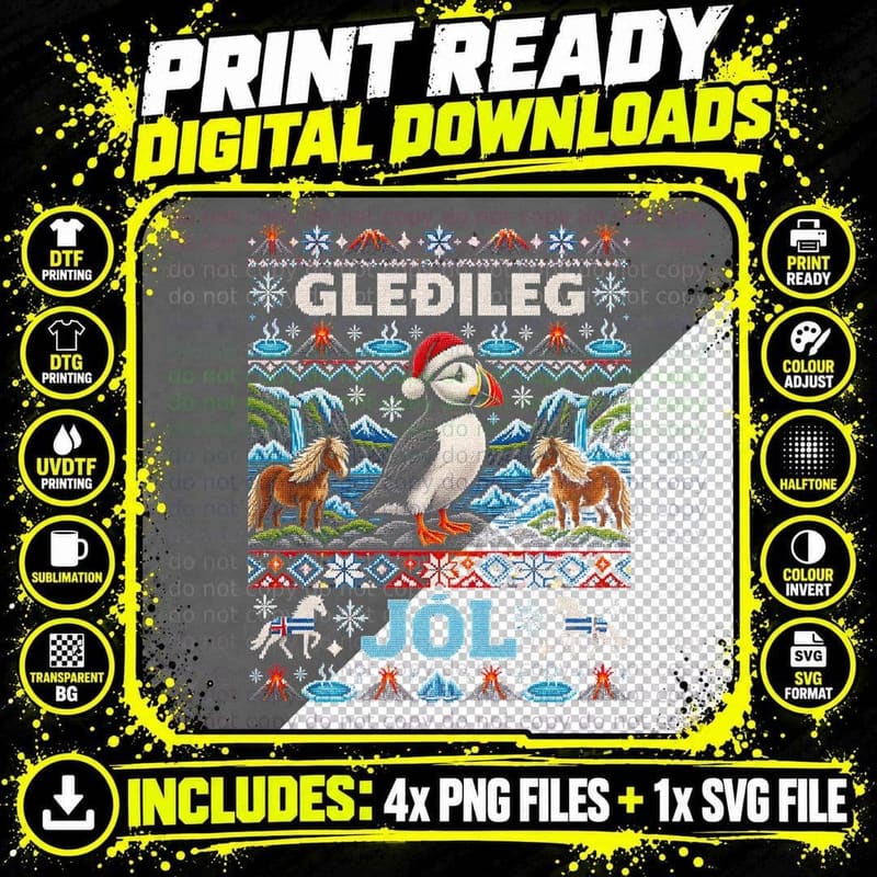 Gledileg Jol Icelandic Puffin Santa Hat Ugly Xmas Png SVG Digital Bundle