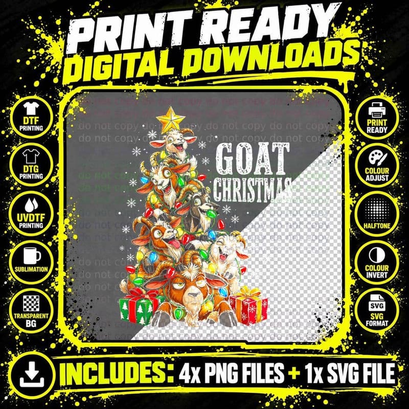 Goat Christmas Tree Made Of Silly Horned Farm Animals Png SVG Digital Bundle