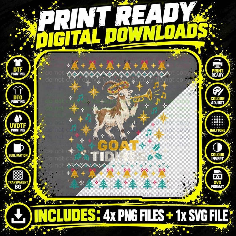 Goat Tidings Angel Halo Trumpet Christmas Ugly Sweater Png SVG Digital Bundle