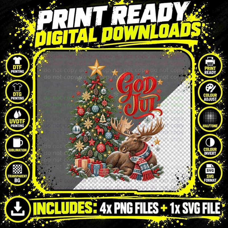 God Jul Norwegian Elk Moose Knitted Scarf Christmas Tree Png SVG Digital Bundle