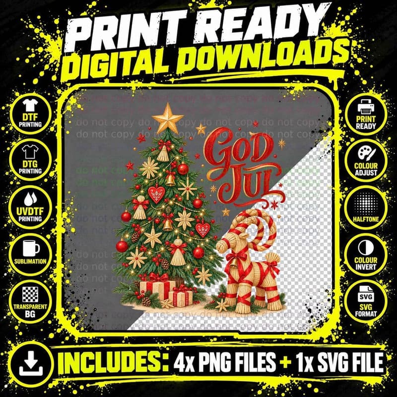 God Jul Swedish Straw Yule Goat Christmas Tree Sweden Png SVG Digital Bundle