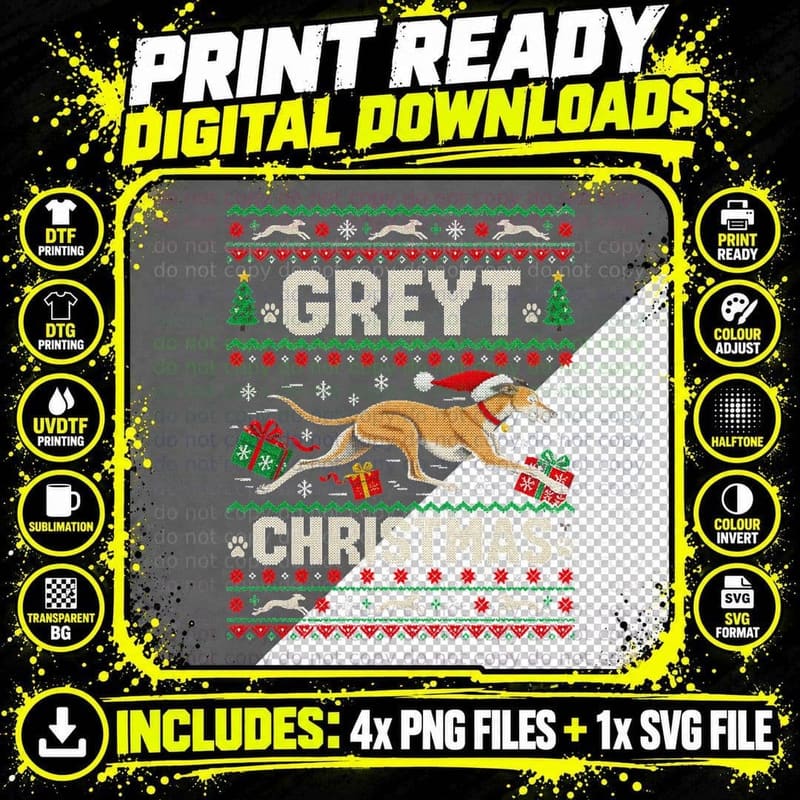 Greyt Christmas Running Greyhound Presents Ugly Sweater Png SVG Digital Bundle