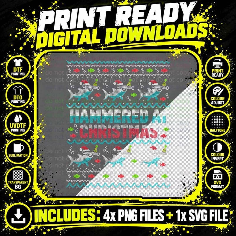 Hammered at Christmas Hammerhead Shark Funny Pun Ugly Png SVG Digital Bundle