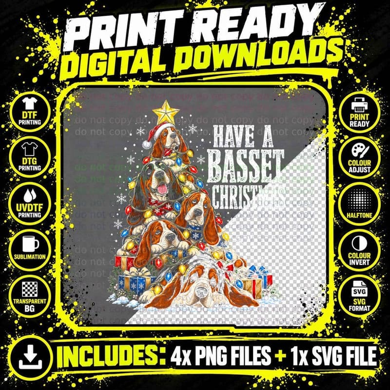 Have a Basset Christmas Hound Dog Tree Funny Pun Festive Png SVG Digital Bundle