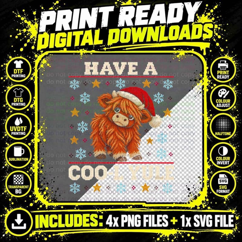 Have a Coo-L Yule Highland Cow Calf Christmas Ugly Png SVG Digital Bundle