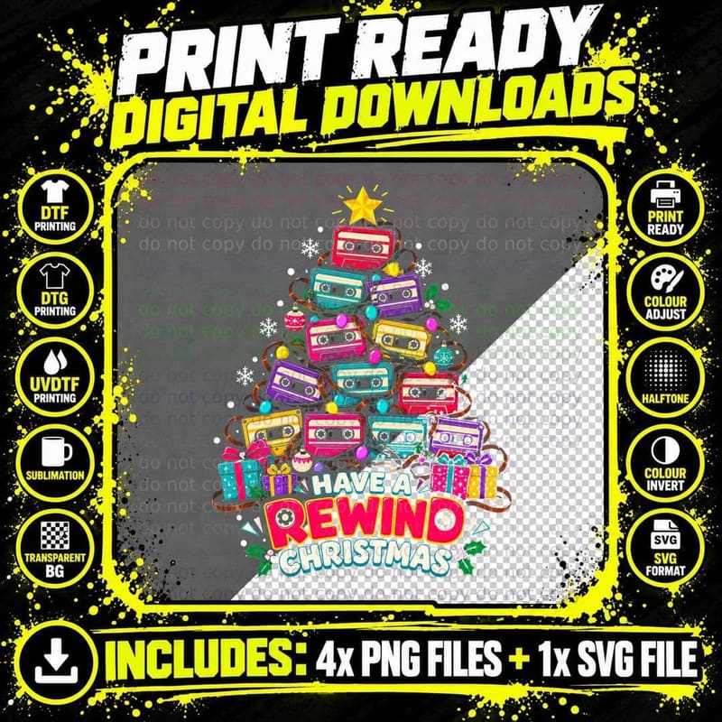Have a Rewind Christmas Cassette Tape Tree Retro 80s Png SVG Digital Bundle