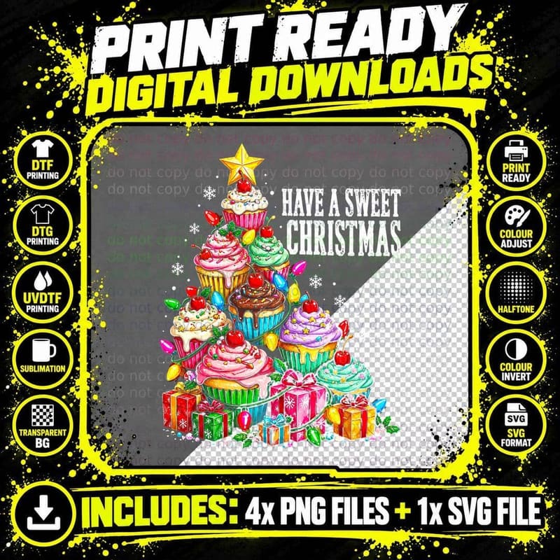 Have a Sweet Christmas Cupcake Tree Pink Frosting Baker Png SVG Digital Bundle