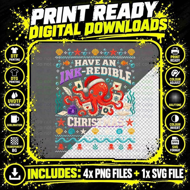 Have an Ink-Redible Christmas Red Octopus Funny Ugly Png SVG Digital Bundle