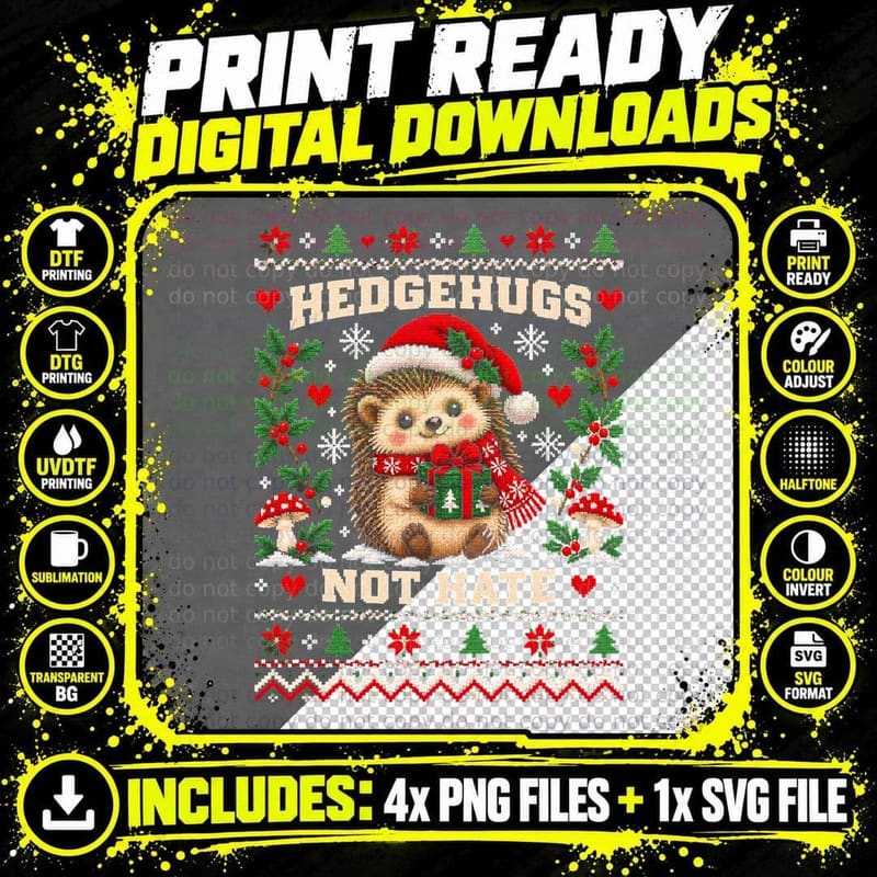 Hedgehugs Not Hate Cute Hedgehog Christmas Ugly Sweater Png SVG Digital Bundle
