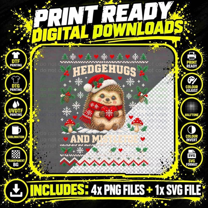Hedgehugs and Mistletoe Hedgehog Scarf Christmas Ugly Png SVG Digital Bundle