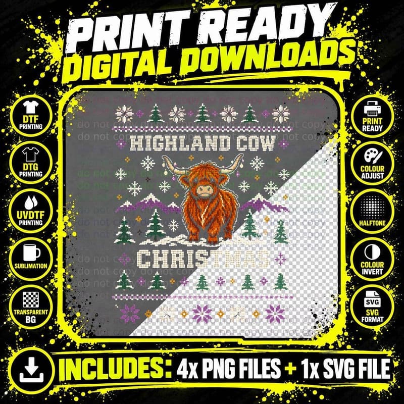 Highland Cow Christmas Scottish Mountains Ugly Sweater Png SVG Digital Bundle